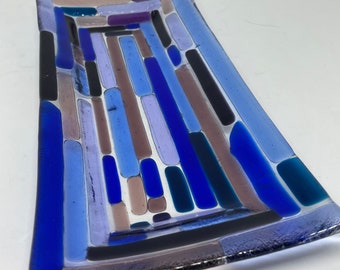 Racetrack 3; Modern fused art glass plate, dish, spoon rest made with cobalt blue, royal purple, light blue and neo lavender