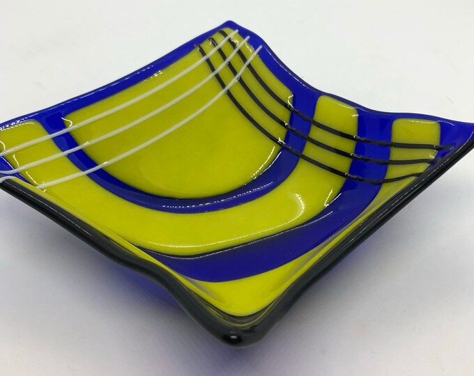 Fused Art Glass Square Bowl or Candy Dish Made With Canary Etsy