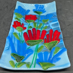 Oklahoma Autumn Bloom; Modern fused art glass plate, dish, spoon rest made with red, purple, blue and green glass