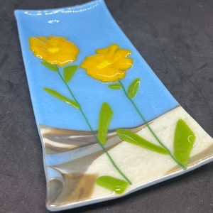 Orange Poppies 10 Fused Art Glass Plate – Modern Dish, Spoon Rest, Green & Glacier Blue Glass Decor, Handmade Contemporary Design