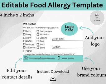 Custom Food Allergy Label Template | Editable Canva Stickers (Digital Download)