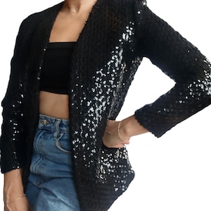Vintage 1950s Black Sequin Open Front Cardigan by Peck & Peck / Sparkly Evening Jacket