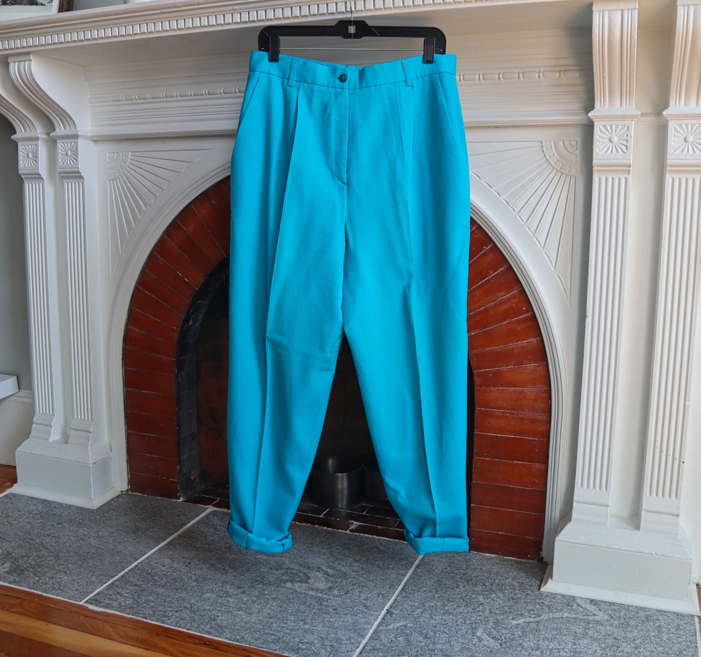High Waisted Aqua Blue Wool Trousers 