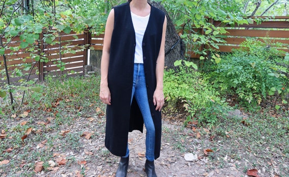 Long Sleeveless Cardigan / Black Sweater Vest / Vi