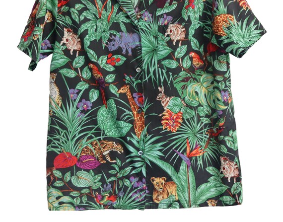 Vintage 80s Tropical Jungle Print Short Sleeve Bu… - image 7