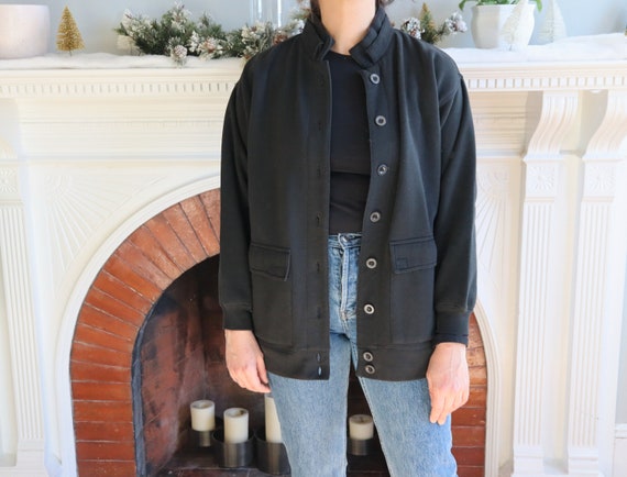 Vintage 90s Black Sweatshirt Jacket No Hood / Button Up Poly Cotton Sweatshirt with Pockets / Casual Retro Jacket - Size Medium