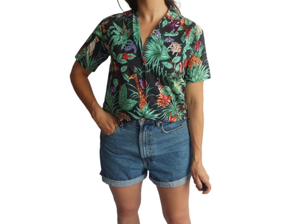 Vintage 80s Tropical Jungle Print Short Sleeve Bu… - image 1