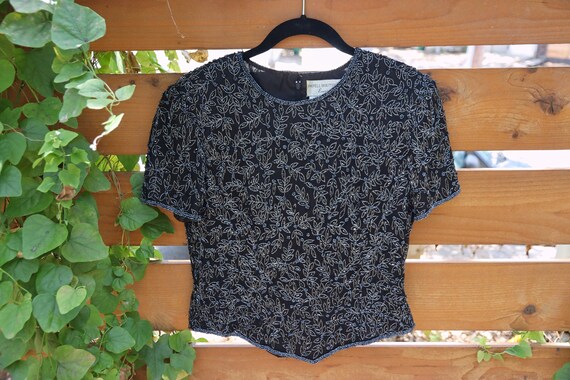 Vintage Evening Top / Black Sparkly Top / Women's
