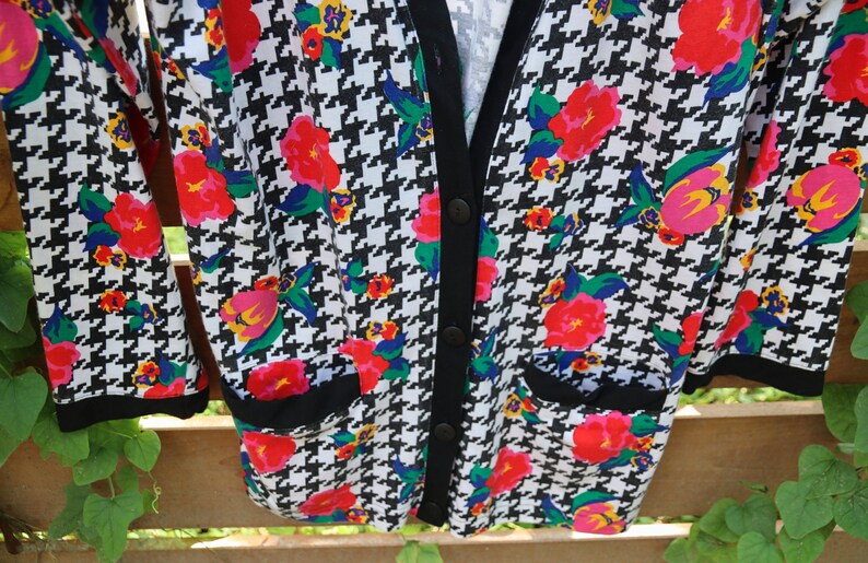 Vintage Cardigan Houndstooth Cardigan Floral Cardigan 80s Cardigan Long Cardigan Cotton Cardigan Mixed Print Top Vintage Izod