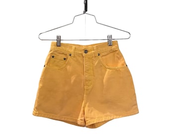 Short en jean taille haute en coton jaune vintage des années 80 par Stefano - Tour de taille de 61 cm