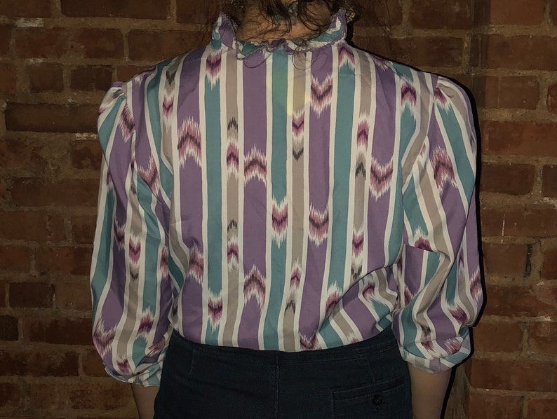 70s Blouse High Neck Top Printed Button Down Shirt Ruffle Collar Shirt High Neck Ruffle Blouse Vintage Button Up Aztec Print Top