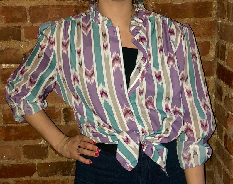 70s Blouse High Neck Top Printed Button Down Shirt Ruffle Collar Shirt High Neck Ruffle Blouse Vintage Button Up Aztec Print Top