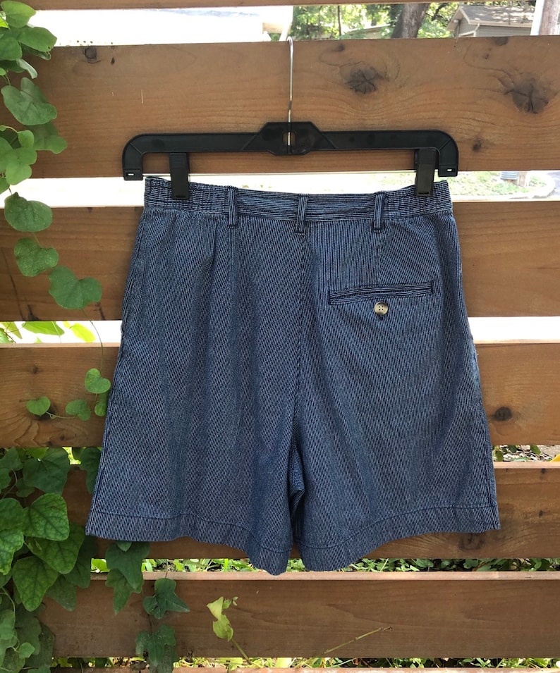 high waisted blue and white striped shorts