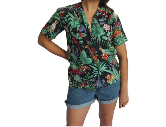 Vintage 80s Tropical Jungle Print Short Sleeve Bu… - image 2