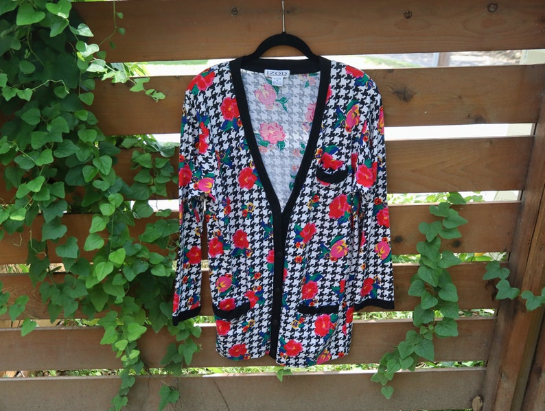 Vintage Cardigan Houndstooth Cardigan Floral Cardigan 80s Cardigan Long Cardigan Cotton Cardigan Mixed Print Top Vintage Izod
