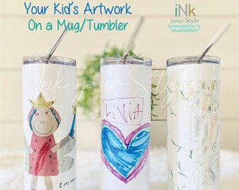 Personalized Kids drawing Mug/kids art Tumbler/children artwork travel mug keepsake/child art drawing keepsake/mom dad gift/grandma gift/