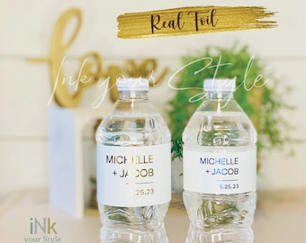 Personalized real foil water bottle Labels/wedding water bottle labels/minimalist font Wedding water bottle labels/welcome bag favor/ #W102
