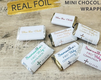 21 Personalized First Communion Chocolate bar Wrappers/Personalized Real Foil Chocolate Bar Labels/Hershey’s® Miniatures wrappers. #FC700