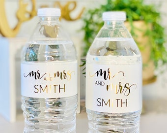 Personalized real foil water bottle Labels/Mr and Mrs water bottle label/Wedding favors water bottle label/welcome bag favors/ #W107