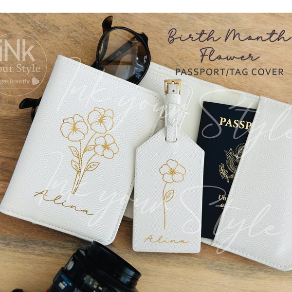 Birth Flower Passport cover, Personalized Birth month flower Passport holder, Personalized travel set gift, Personalized girls trip Gift