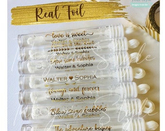 48 Personalized Wedding bubble Labels, Foil bubble labels, custom wedding favors bubble tubes stickers, labels only.