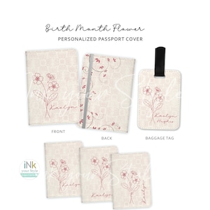 Birth Flower Passport holder/Personalized Birth flower Passport Cover/Custom Passport Cover and Luggage tag/Personalized girls trip Gift/