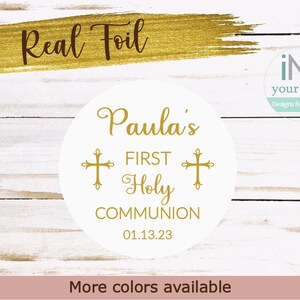 Personalized real foil First Communion labels/real foil First Holy Communion party favors stickers/First Communion favors labels/FC700