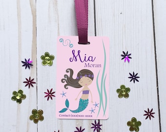 Personalized dark hair mermaid id backpack tag, custom name tag, school name tag, custom backpack tag, personalized tag, girl tag