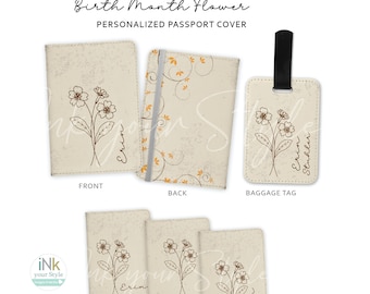 May include: Personalized passport cover and luggage tag with a floral design and the name "Erin" printed on it. The cover and tag have a beige background with a brown floral design and orange accents.