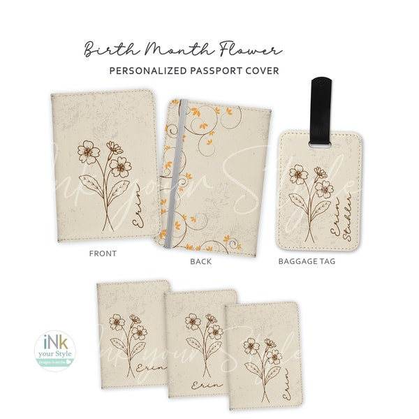 Birth Flower Passport holder/Personalized Birth flower Passport Cover/Custom Passport Cover and Luggage tag/Personalized girls trip Gift