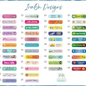 Op de afbeelding: Een set van 44 strijkbare naamstickers met kleurrijke ontwerpen en verschillende thema's. Elk label heeft een naam en een unieke illustratie, zoals een zeemeermin, een raket, een cupcake, een voetbal, een gitaar en een superheld. De labels zijn genummerd van 1 tot 44.