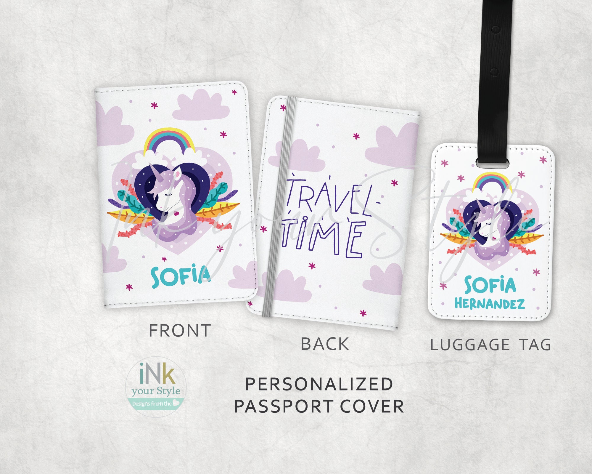Personalised Rainbow Unicorn Passport Cover & Luggage Tag Any Name