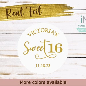 Personalized real foil sweet sixteen labels/personalized sweet 16 stickers/sweet 16 favor labels/sweet 16 envelope seals/SS020