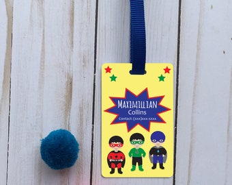 Personalized super hero id backpack tag/custom name tag/school name tag/custom backpack tag/personalized tag/boy tag/superhero bag tag