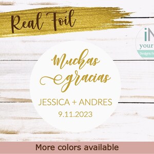 Personalized wedding stickers, wedding favor stickers, muchas gracias labels, real foil stickers, muchas gracias envelope seal