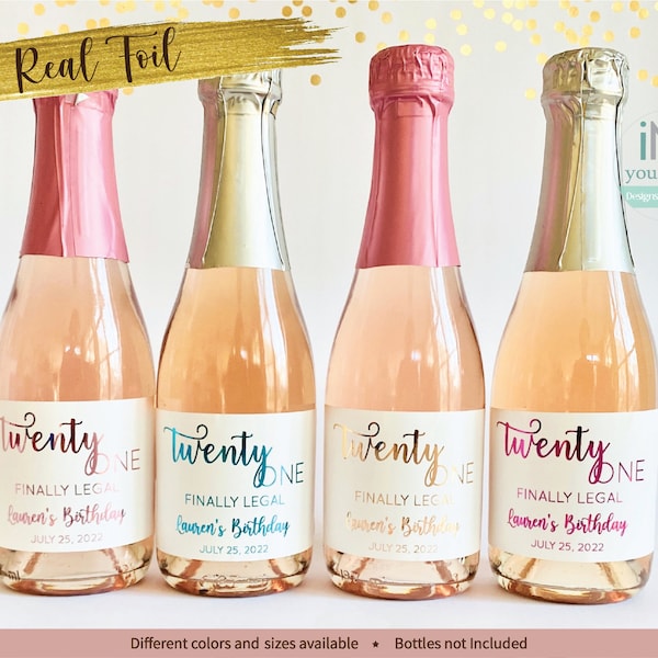 Personalized real foil 21 birthday wine Labels/twenty one Birthday mini champagne labels/mini wine foil labels/birthday wine label