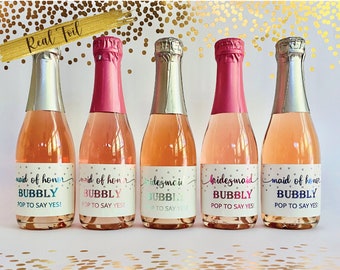 Personalized real foil Bridesmaid Bubbly Mini Champagne Labels/set of mini bridesmaid proposal label/bridesmaids box/set of 8 labels