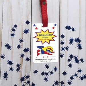 Personalized super hero id backpack tag/custom name tag/school name tag/custom backpack tag/personalized tag/girl tag/supergirl bag tag