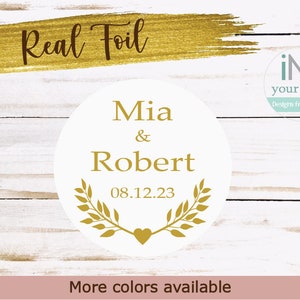 Personalized wedding stickers, wedding favor stickers,  Wreath foil stickers, foil stickers, wedding envelope seal, Bridal shower stickers