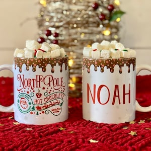 Taza personalizada del Polo Norte/Vaso de chocolate caliente del Polo Norte/Taza de cacao caliente del Polo Norte de Navidad personalizada/Taza de goteo de chocolate caliente/espolvorear