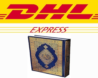 May include: A blue book with gold lettering and intricate designs. The book is titled "The Holy Quran" and is being shipped via DHL Express.