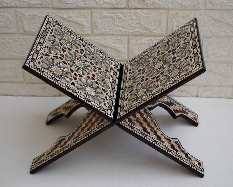 Islamic Quran Holder, Handcrafted Mother of Pearl Inlaid Wood Quran
