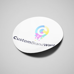 May include: A white round sticker with a colorful logo featuring a stylized letter "C" with dripping paint and the text "CustomBrandWare".