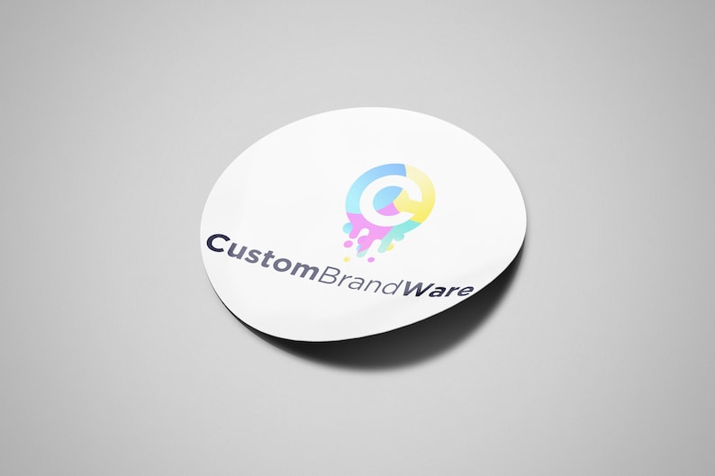 May include: A white round sticker with a colorful logo featuring a stylized letter "C" with dripping paint and the text "CustomBrandWare".