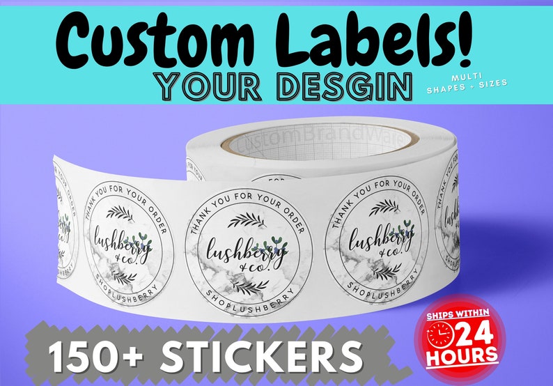 May include: Roll of white round stickers with a marble background and black text that says "Thank you for your order lushberry &co. SHOPLUSHBERRY". The stickers are on a roll with a white background and a black label that says "Custom Labels! YOUR DESGIN MULTI SHAPES + SIZES".