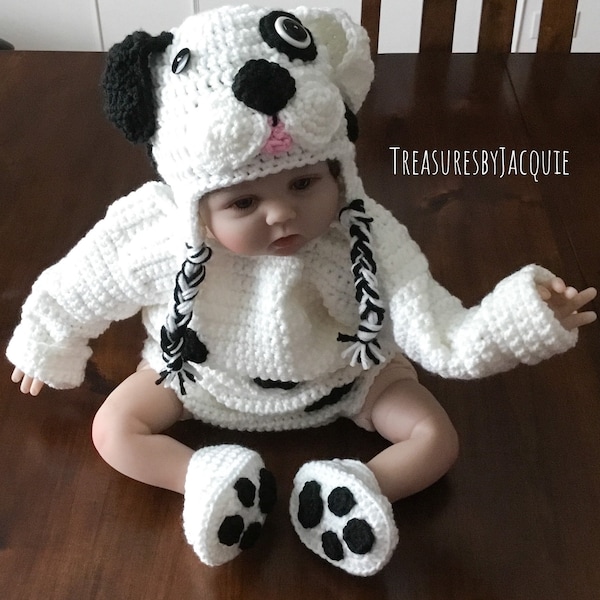 Crocheted baby puppy complete costume, baby Halloween costume, baby puppy costume, baby puppy hat, one piece and bootie set