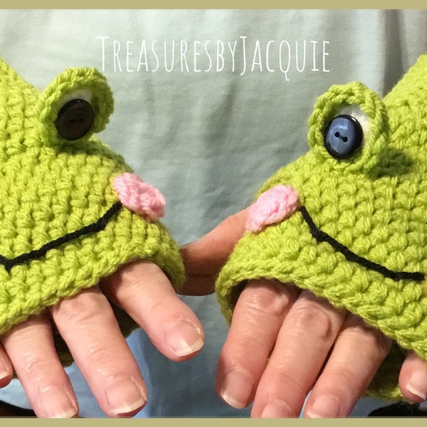 Crocheted fingerless frog gloves, kids frog gloves, adult frog gloves, frog gloves, frog fingerless gloves, froggy gloves