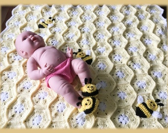 Do you love bees?  Handmade crocheted honeycomb blanket with three sweet bees and matching bee booties.  The sweetest baby shower gift.