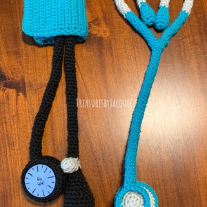 Crocheted Pretend Play Stethoscope and Blood Pressure Cuff Set teal blue set