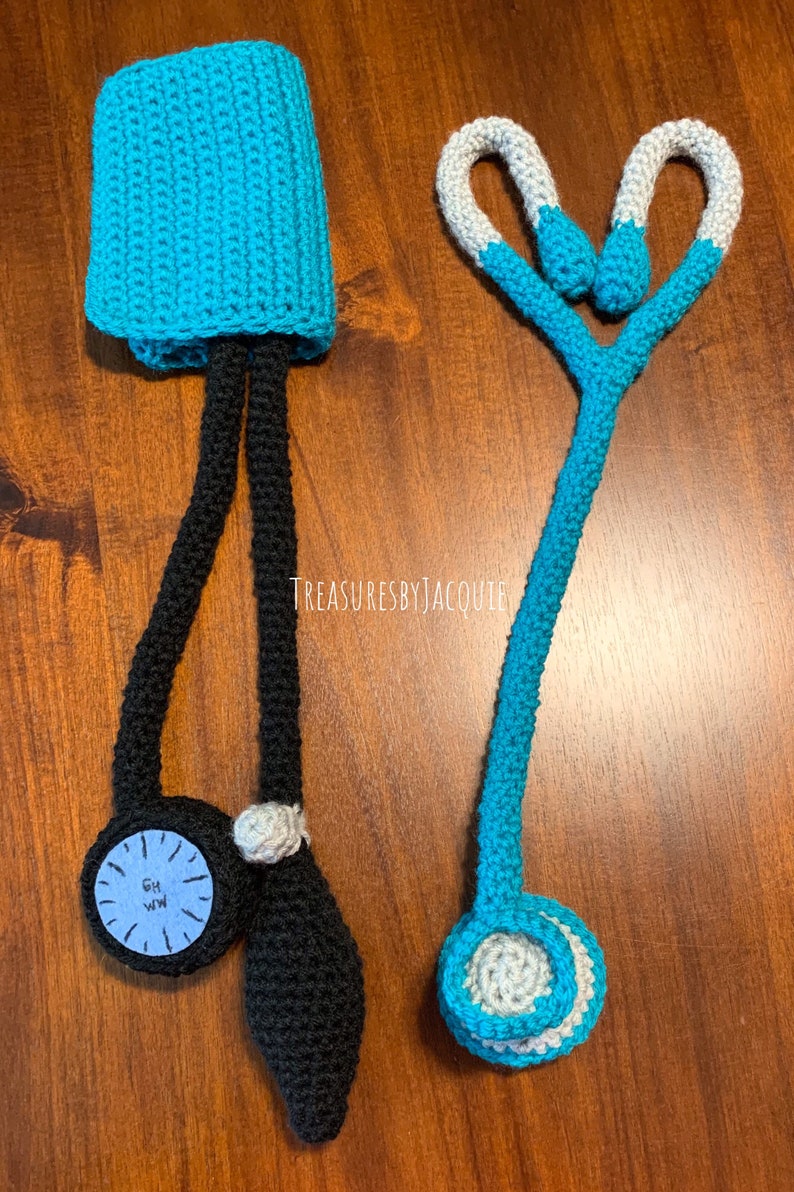 Crocheted Pretend Play Stethoscope and Blood Pressure Cuff Set teal blue set